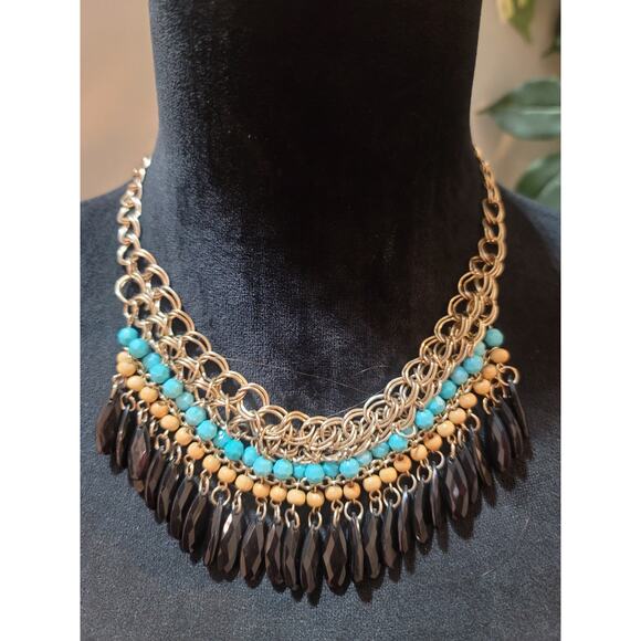 Women Statement Necklace With Turquoise Beads Black Drops And Lobster Clasp Lock - Picture 1 of 6